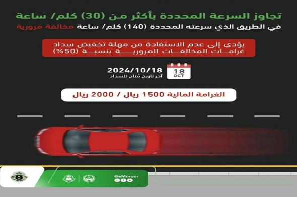 "المرور": تجاوز السرعة بأكثر من 30 كلم يمنع الاستفادة من تخفيض الـ50%