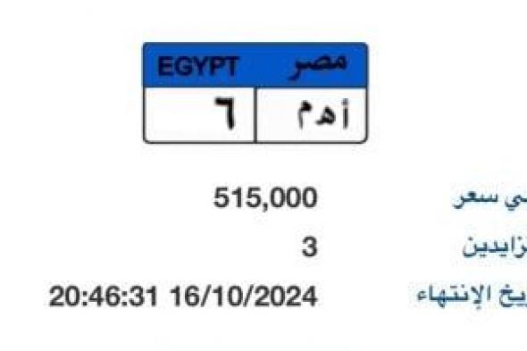 لوحة سيارات مميزة بأرقام "أ هـ م - 6" يتخطى سعرها نصف مليون جنيه فى المزاد