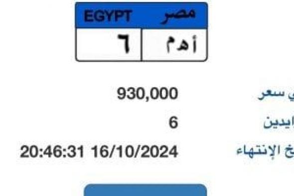 سعر لوحة "أ هـ م- 6" المميزة يقترب من المليون جنيه و6 أشخاص يتنافسون