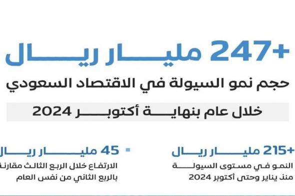 السيولة في الاقتصاد السعودي تنمو خلال عام بأكثر من 247 مليار ريال بنهاية أكتوبر 2024