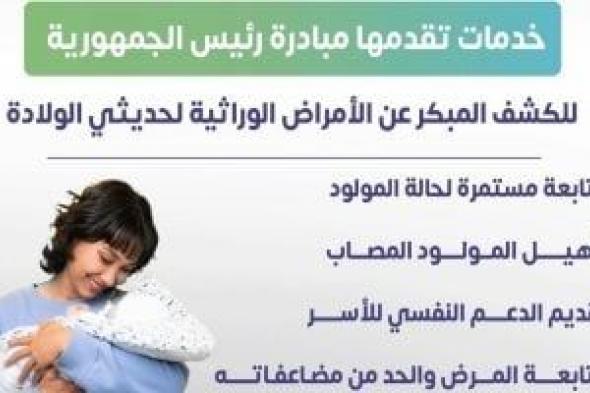 وزارة
الصحة
توضح
خدمات
الكشف
المبكر
عن
الأمراض
الوراثية..
إنفوجراف