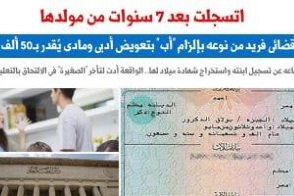 حكم
نهائى
يلزم
أبًا
بتعويض
50
ألف
جنيه
لامتناعه
عن
تسجيل
ابنته
فى
السجلات