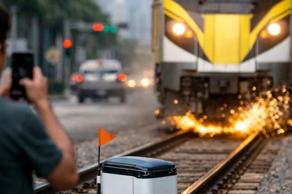 قطار يدهس روبوت توصيل ذاتي القيادة توقف على القضبان