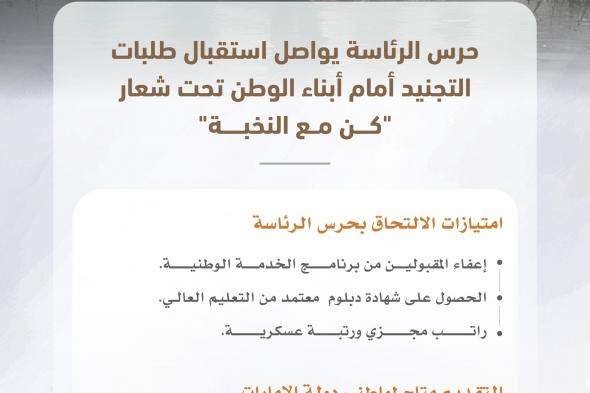 حرس الرئاسة يواصل تلقي طلبات التجنيد من أبناء الوطن تحت شعار"كن مع النخبة"